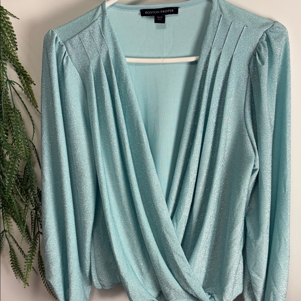 Boston Proper Shimmering Aqua Blouse